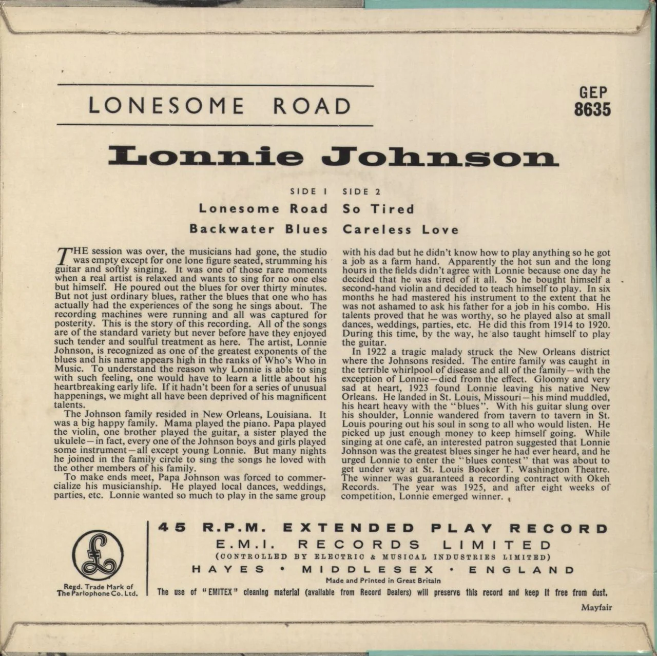 Lonnie Johnson Lonesome Road UK 7" vinyl - Image 3
