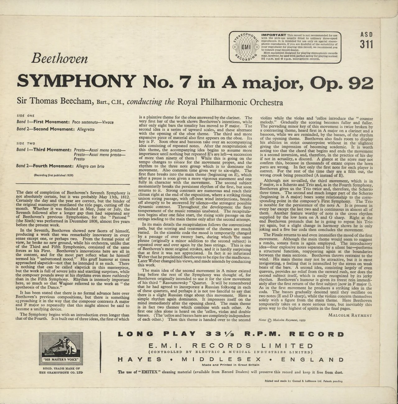 Ludwig Van Beethoven Beethoven: Symphony No. 7 in A, Op. 92 UK Vinyl LP - Image 3