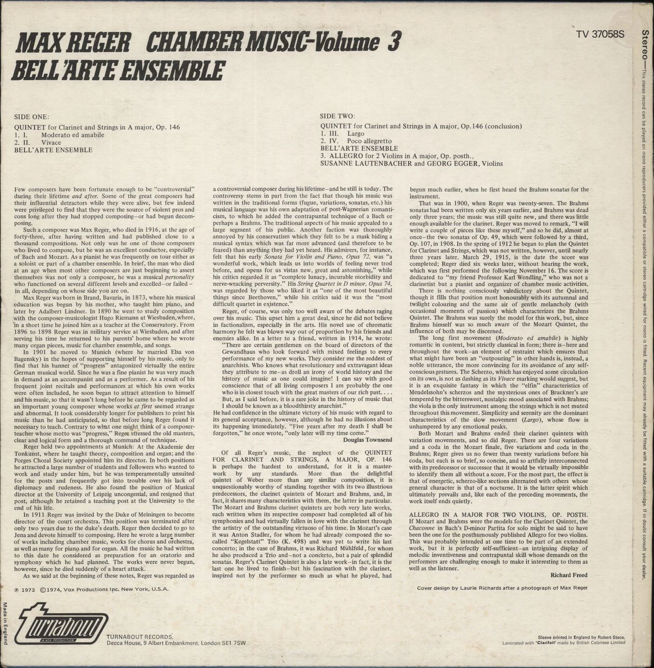 Max Reger Chamber Music Volume 3 (Quintet For Clarinet And Strings In A Major, Op. 146) UK Vinyl LP - Image 3