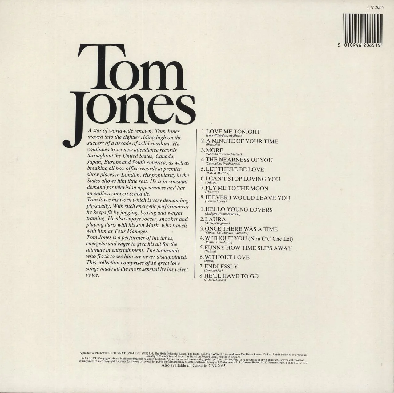 Tom Jones 16 Love Songs UK Vinyl LP - Image 3