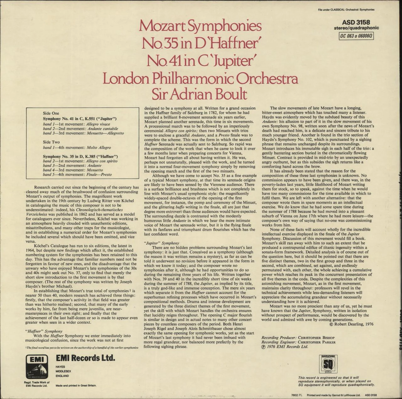 Wolfgang Amadeus Mozart Symphonies No. 35 In D 'Haffner' / No. 41 In C 'Jupiter' UK Vinyl LP - Image 3